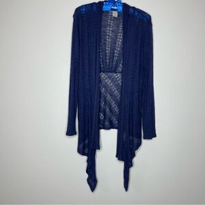 Eyelash Couture Deep Blue Open-Front Cardigan Waterfall Edge Open-Work Knit
